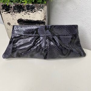 Lauren Merkin Python Snakeskin Leather Clutch Navy Black Evening Bag NWT